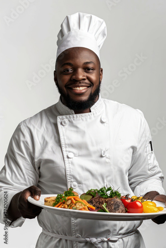 A cheerful male chef in white presenting a vegetable dish with a natural, healthy appeal