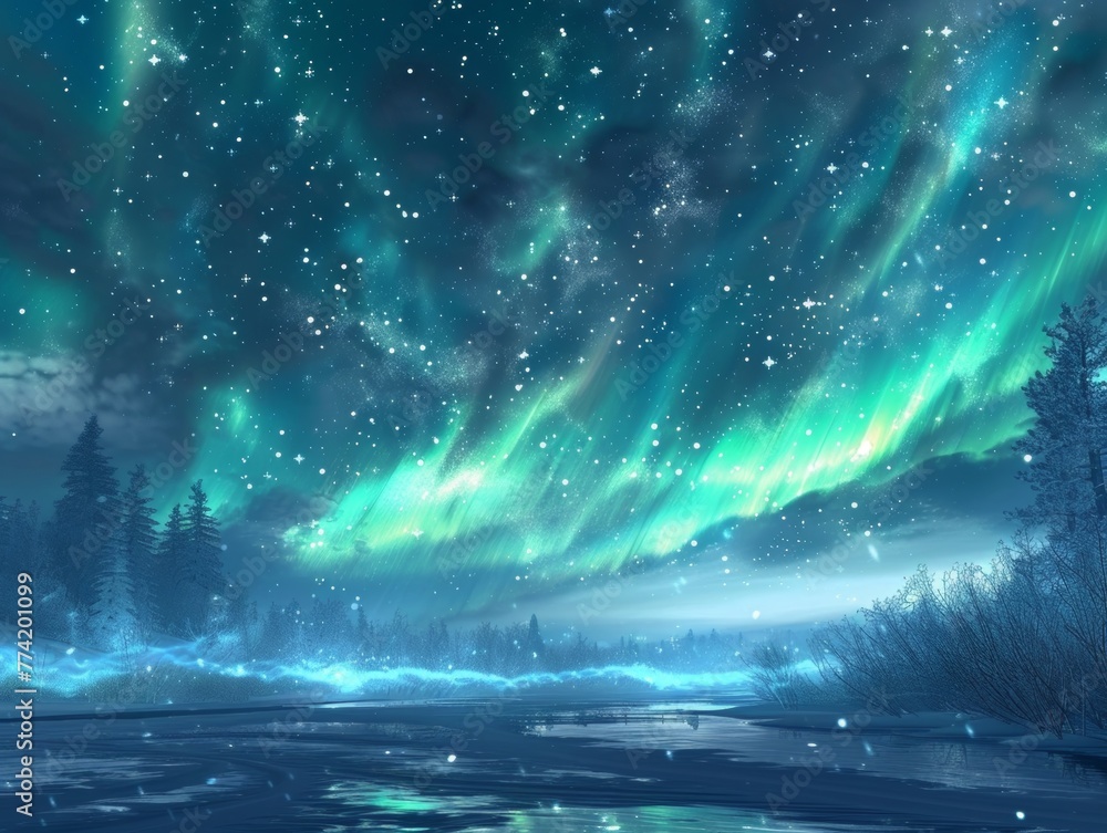 Celestial dance of the Northern Lights against a starry backdrop over a silent