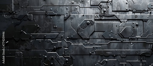 heavy industrial tech steel cyber metal brutal dark background with chaotic structure and metall elements photo
