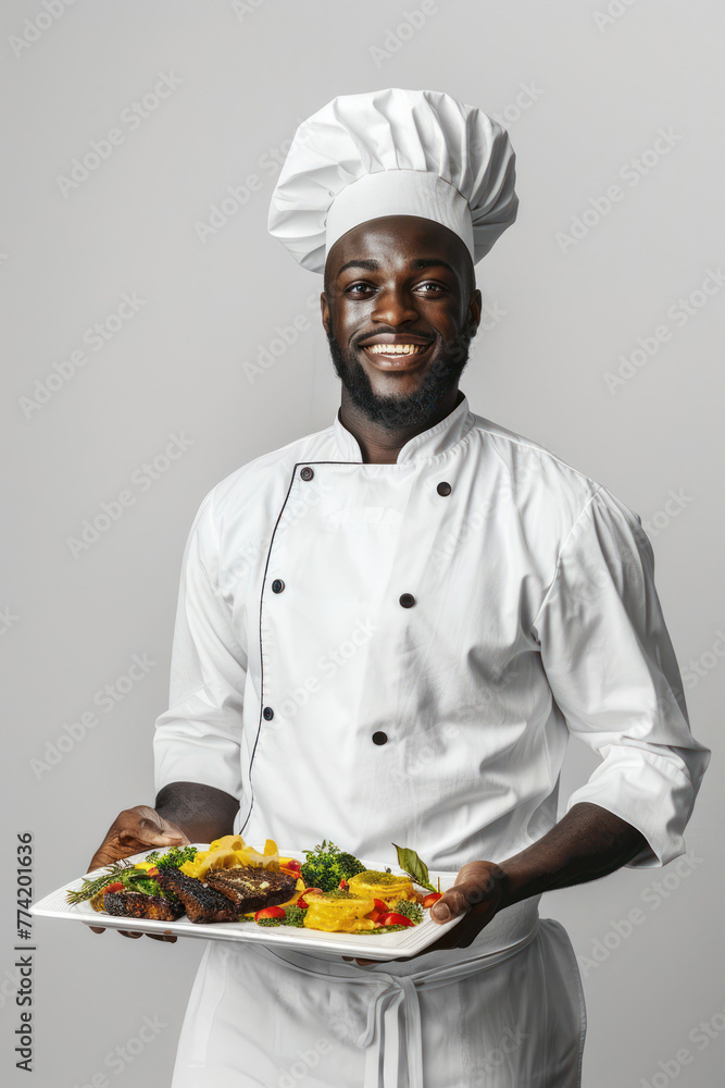 A smiling chef featuring exquisite food on a plate with pride and professionalism A smiling chef featuring exquisite food on a plate with pride and professionalism