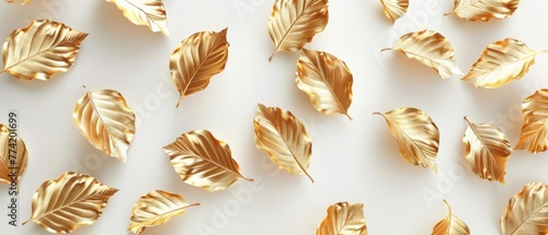 3D golden leaves scattered across a white background, each leaf rendered with realistic textures and hues, evoking an autumnal theme photo