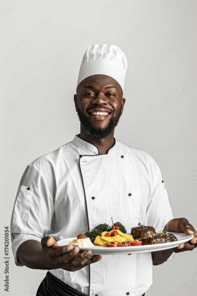 An amiable chef in white holds a gourmet food plate, showcasing professional plating An amiable chef in white holds a gourmet food plate, showcasing professional plating
