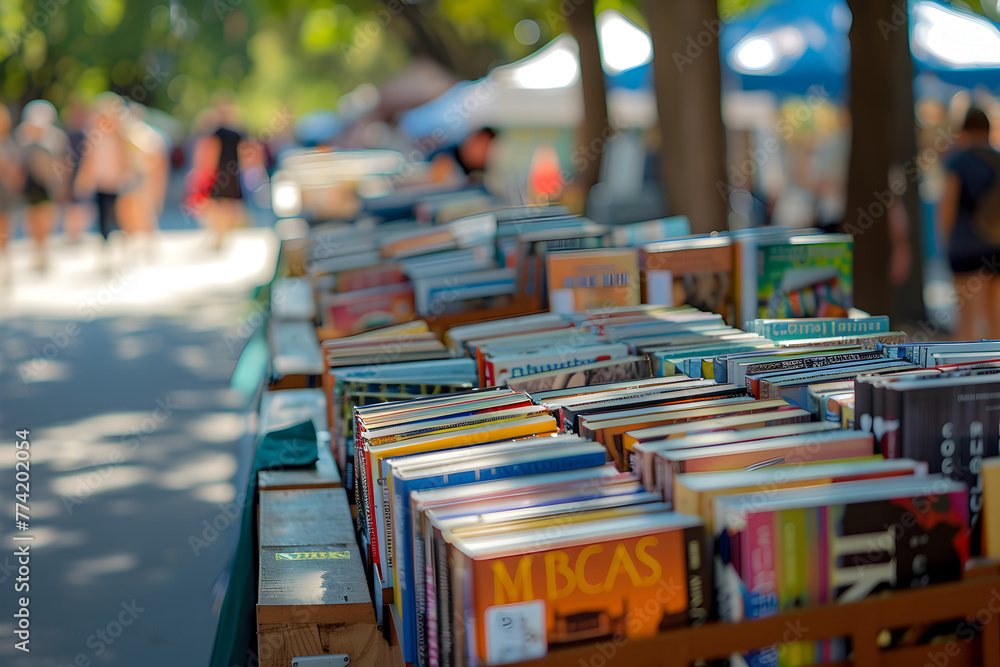 A row of books on a wooden shelf with a few people walking by. Scene is calm and peaceful, as the books are neatly arranged and the people are walking by without disturbing the scene. Generative AI A row of books on a wooden shelf with a few people walking by. Scene is calm and peaceful, as the books are neatly arranged and the people are walking by without disturbing the scene. Generative AI