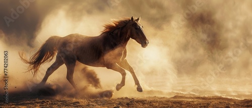 A beautiful elegant horse gallops through the dust.