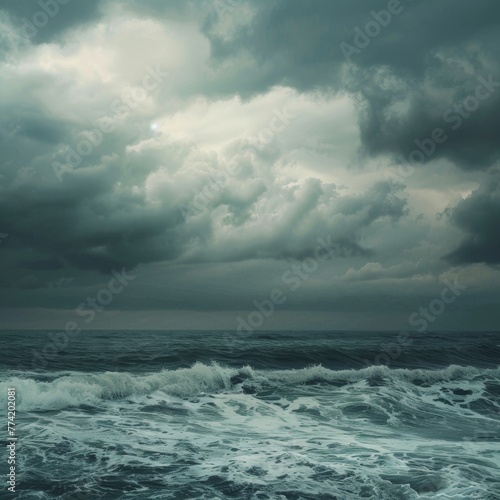 Clouds roil above a tempestuous sea