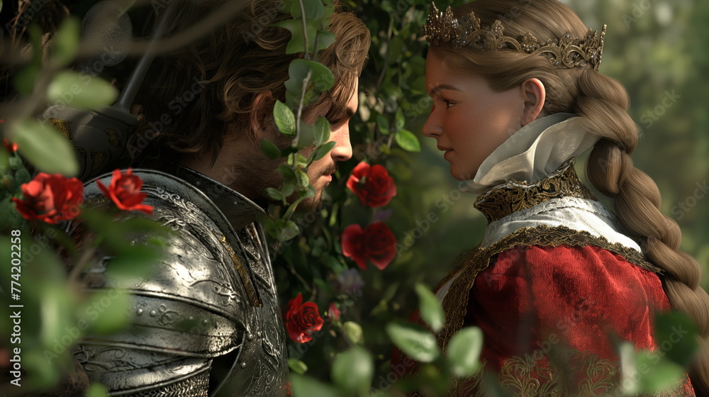 Fair Lady and Gallant Knight Sharing Secret Rendezvous in Garden Bower, Courtly Romance - obrazy, fototapety, plakaty 