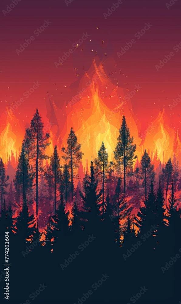 Minimalist of forest fire, phone wallpaper illustration
