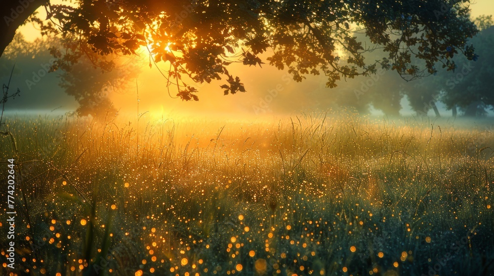 Dew-kissed fields shimmer under the soft glow of a sunrise Dew-kissed fields shimmer under the soft glow of a sunrise