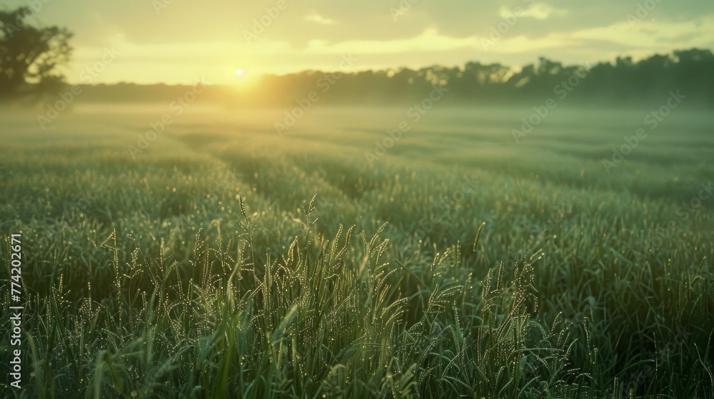 Dew-kissed fields shimmer under the soft glow of a sunrise