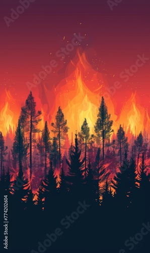 Minimalist of forest fire, phone wallpaper illustration