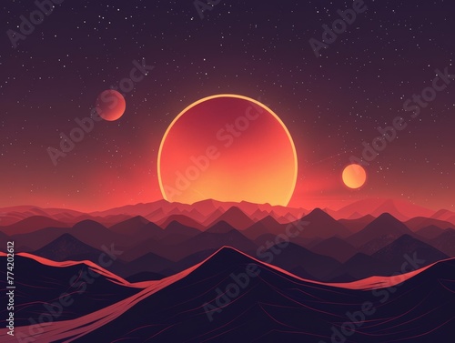 Minimalist of big sun with mountain landscape  wallpaper illustration