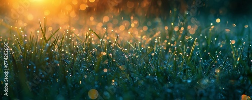 Dewy grass sparkles under the first light of dawn photo