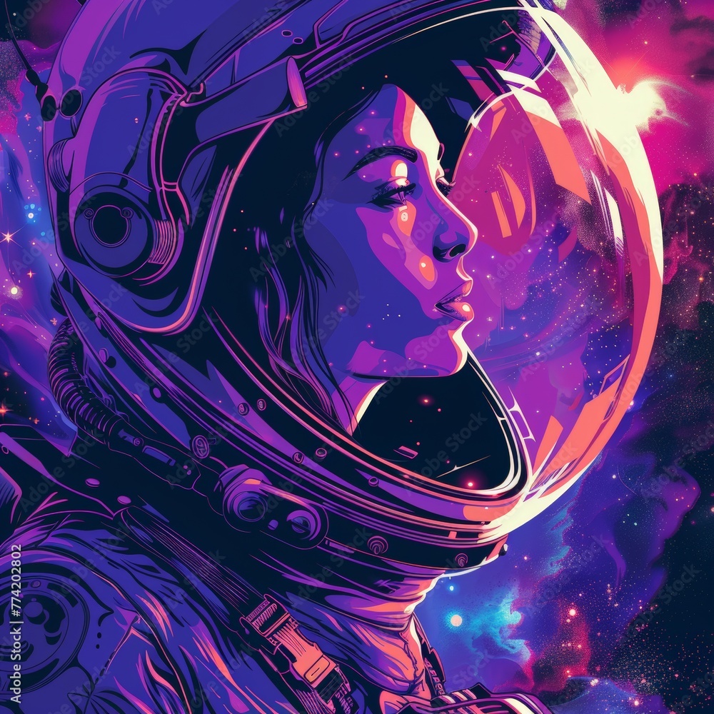 Pop art of pilot Astronaut mars woman, illustration, purple theme