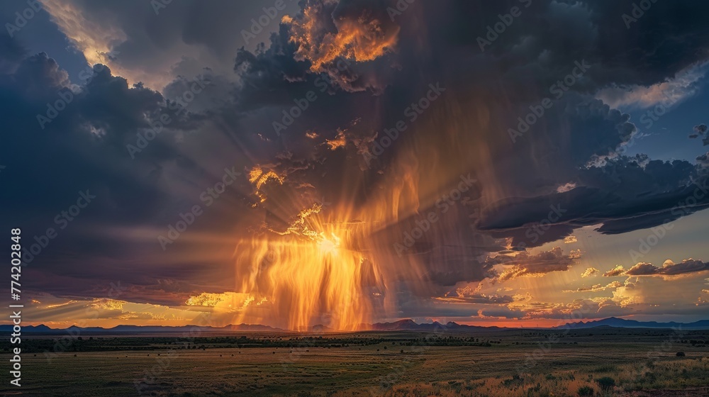 Dramatic cloudburst at sunset