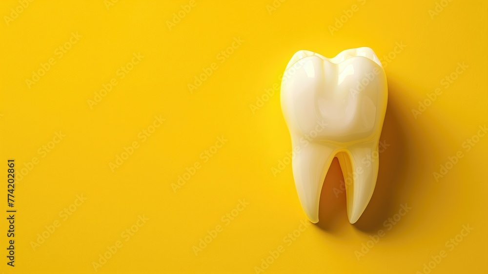A large 3D model of a white healthy tooth on bright yellow background A large 3D model of a white healthy tooth on bright yellow background
