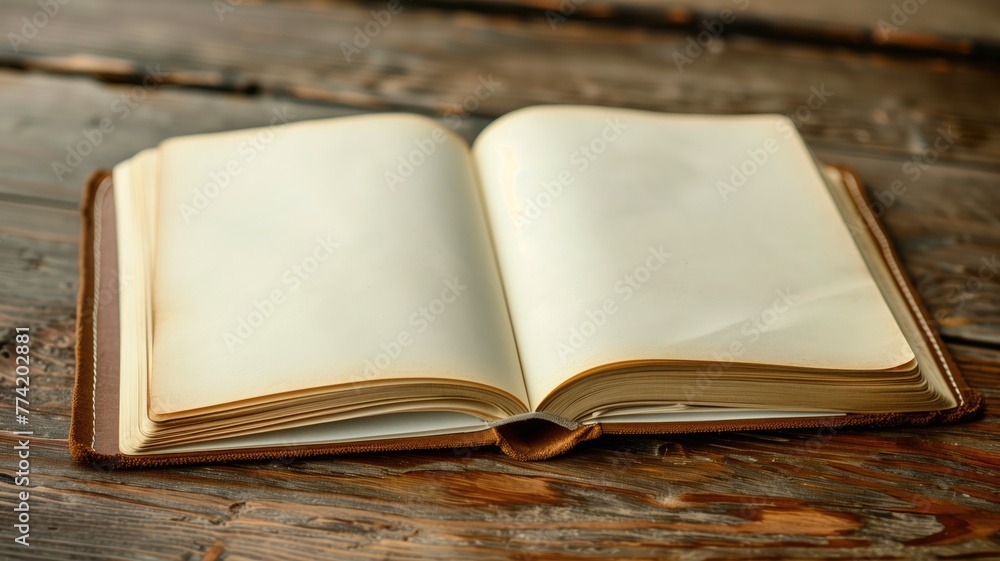An open blank book with yellowed pages on a rustic wooden table An open blank book with yellowed pages on a rustic wooden table