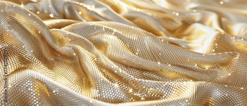 A luxurious 3D fabric texture made of golden sequins, shimmering realistically, adding a festive and glamorous touch. photo