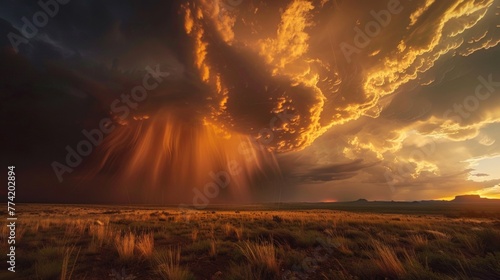 Dramatic cloudburst at sunset photo