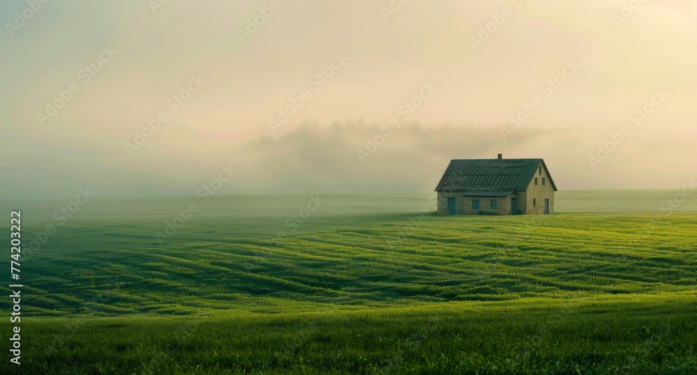 Misty morning, with a lone farmhouse surrounded by fields of green, epitomizing peace and solitude.