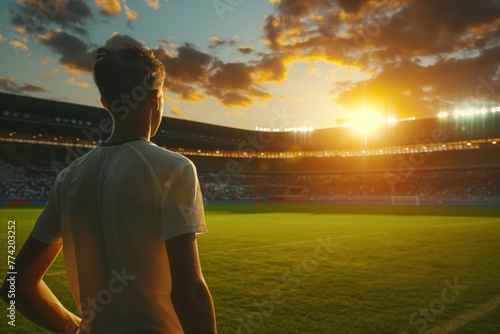 A young athlete stands in a stadium, gazing at the sunset - a moment reflecting ambition and dreams. photo