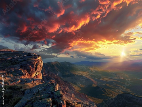 Dramatic sunset skies over a rugged landscape