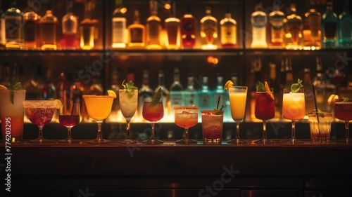 Various colorful cocktails lined up on a bar counter with backdrop of bottles and warm lighting