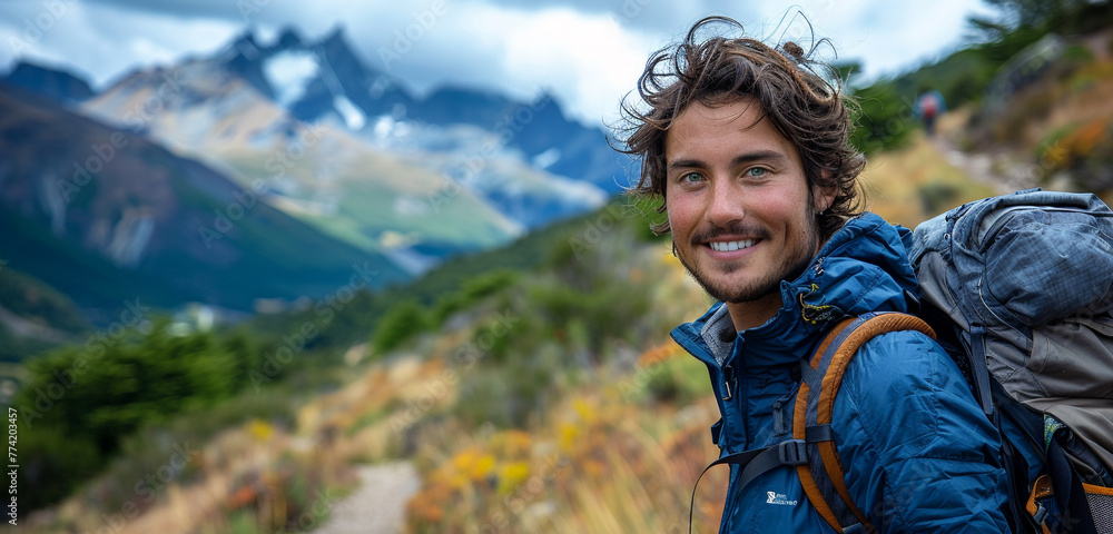 A hiker pausing on a mountain trail, turning to face the camera with a warm smile, his eyes reflecting the beauty of the surrounding landscape