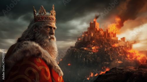 Portrait of King against background of burning castle on cliff. City on fire, medieval castle captured and burned by enemies. Battle for Kingdom photo