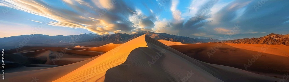 Dynamic interplay of shadow and light over sand dunes under a broad sky. - obrazy, fototapety, plakaty 
