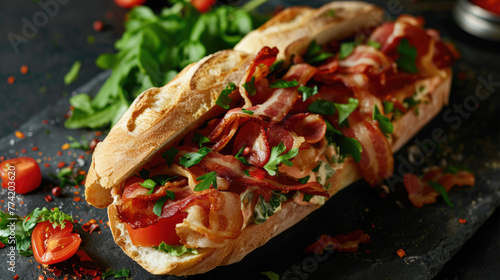 Sandwich with ciabatta and bacon filling on a dark background