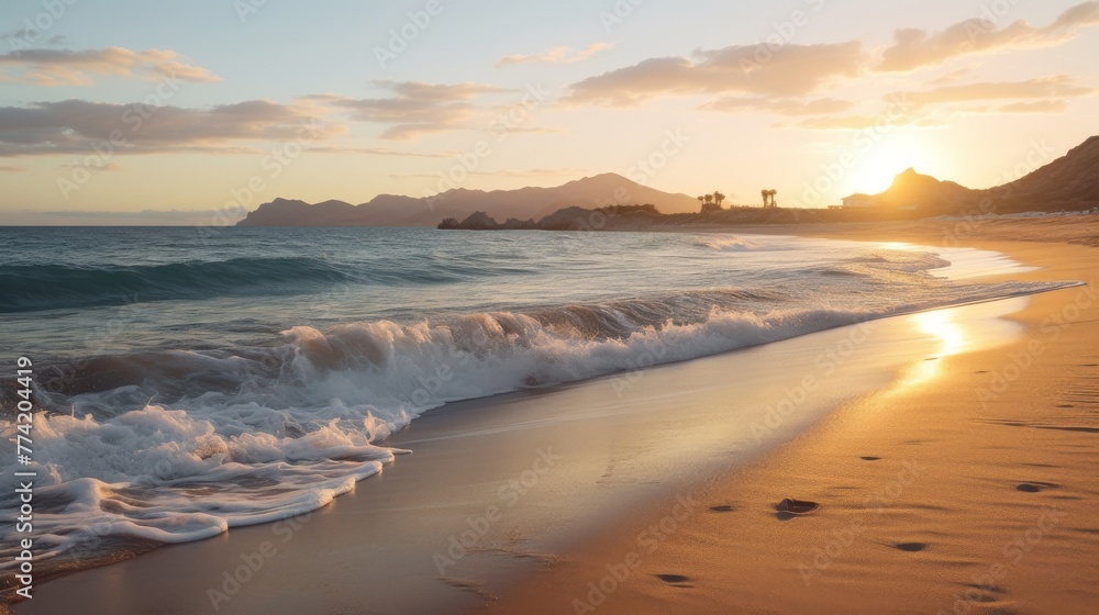 Nature background of a tranquil beach at sunset with golden sea and sky