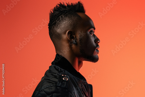 Highlighting strong features, this profile of a man stands out against a warm orange background, exuding confidence photo