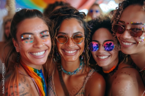 Four joyful friends with glitter makeup smiling together at a vibrant festival or carnival