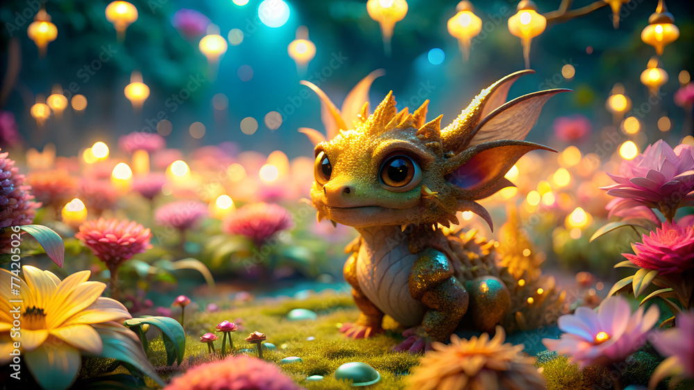 cute gold dragon In the glowing flower garden, a fantasy land cute gold dragon In the glowing flower garden, a fantasy land