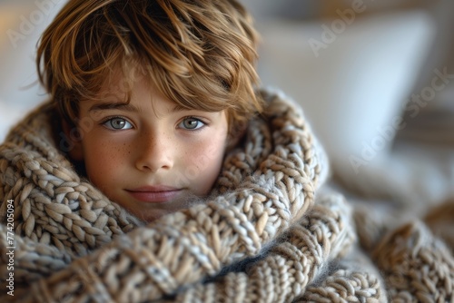 Close-up of a person cozily wrapped in an oversized, soft chunky knit woolen blanket with comforting warmth
