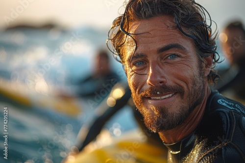Handsome surfer grinning in the ocean waters at golden hour, with a clear sky in the background © Larisa AI