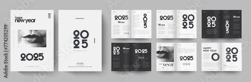 Happy New Year 2025 magazine design. With lips illustration, vector background line art. Premium vector for magazines, posters or invitations for the New Year 2025.