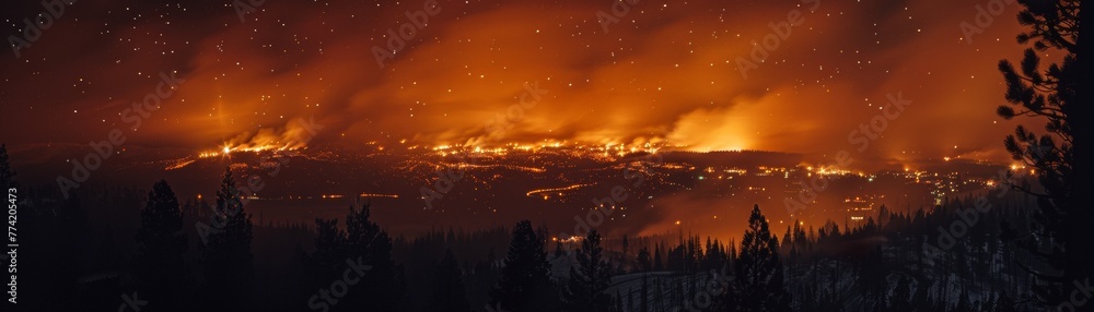 Glow of a distant wildfire colors the night sky
