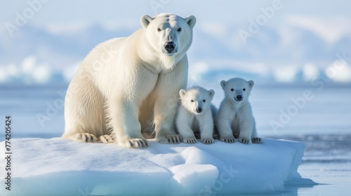 A group of polar bears on a white background with blue sky