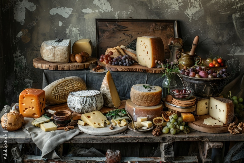 A variety of gourmet cheeses displayed on a wooden table, showcasing different textures, colors, and flavors.