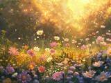 Golden hour sunlight filters through a vibrant field of flowers