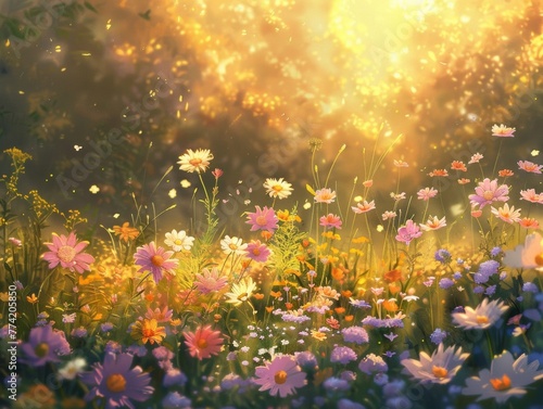 Golden hour sunlight filters through a vibrant field of flowers