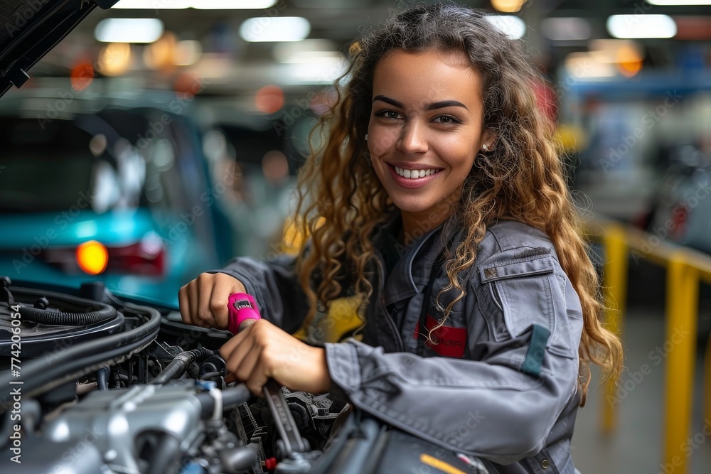 Beautiful mechanic in a grey jacket working under the hood of a car with a bright smile Beautiful mechanic in a grey jacket working under the hood of a car with a bright smile