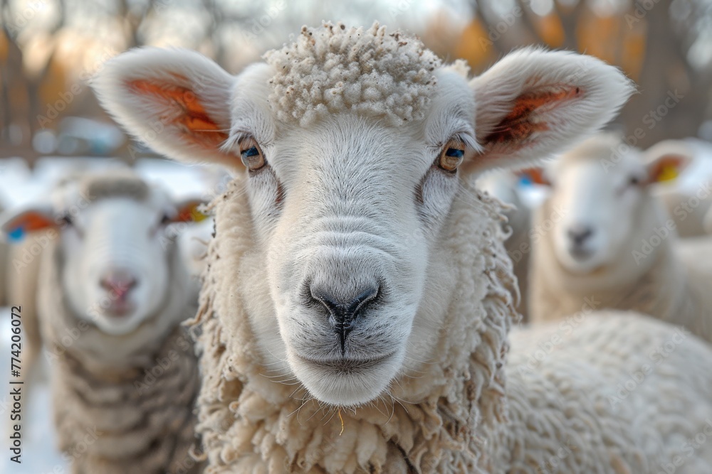 Portrait of a woolly sheep with a curious gaze in a snowy winter setting, focusing on its face and fleece