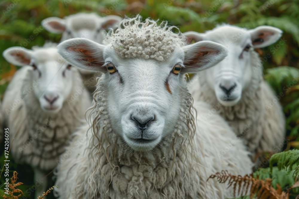 A detailed close-up of an alert sheep staring directly forward amidst vibrant green foliage
