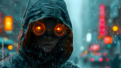 Hooded Enigmatic Figure with Glowing Eyes in Rainy Dystopian Urban Landscape