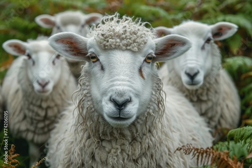 A detailed close-up of an alert sheep staring directly forward amidst vibrant green foliage
