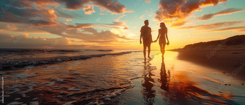 A group of three people are walking on the beach at sunset by AI generated image A group of three people are walking on the beach at sunset by AI generated image