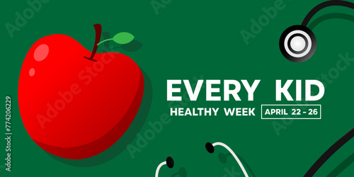 Every Kid Healthy Week. Apple and stethoscope. Great for cards, banners, posters, social media and more. Green background.