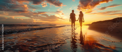A group of three people are walking on the beach at sunset by AI generated image